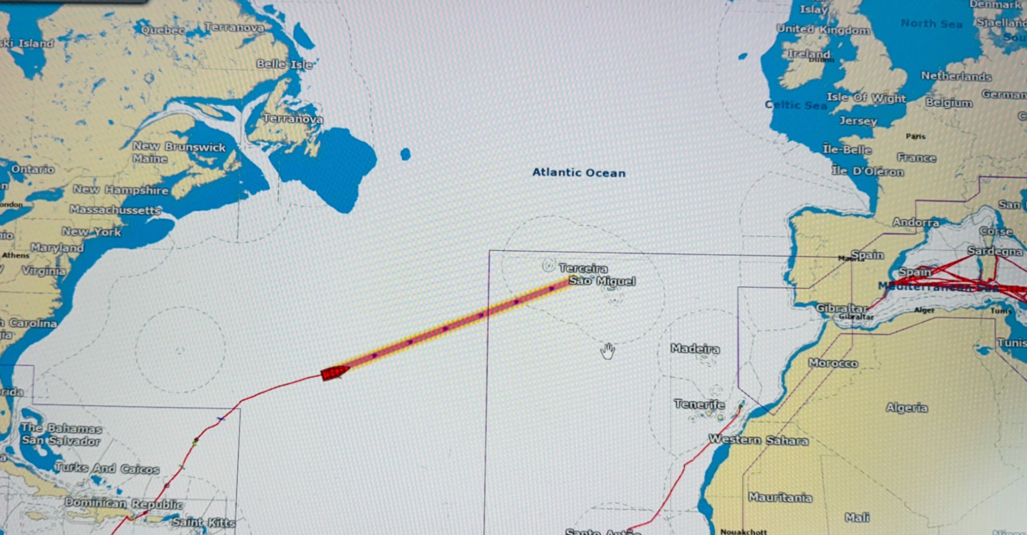 Atlantic passage planning in TimeZero navigation software for an ocean yacht delivery from the Caribbean to Spain via the Azores.