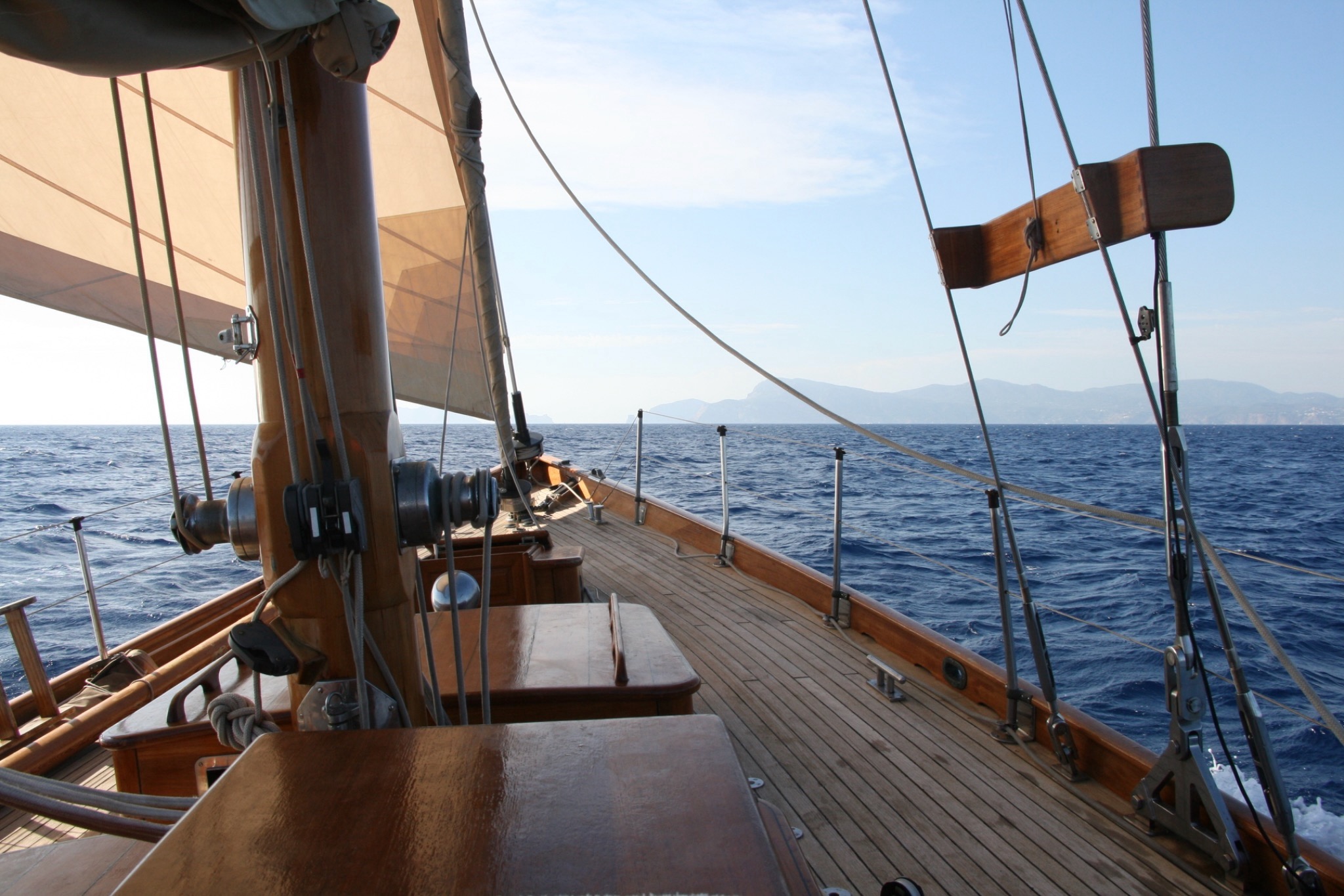1939 Tore Holm classic sailing yacht underway in the Mediterranean Sea