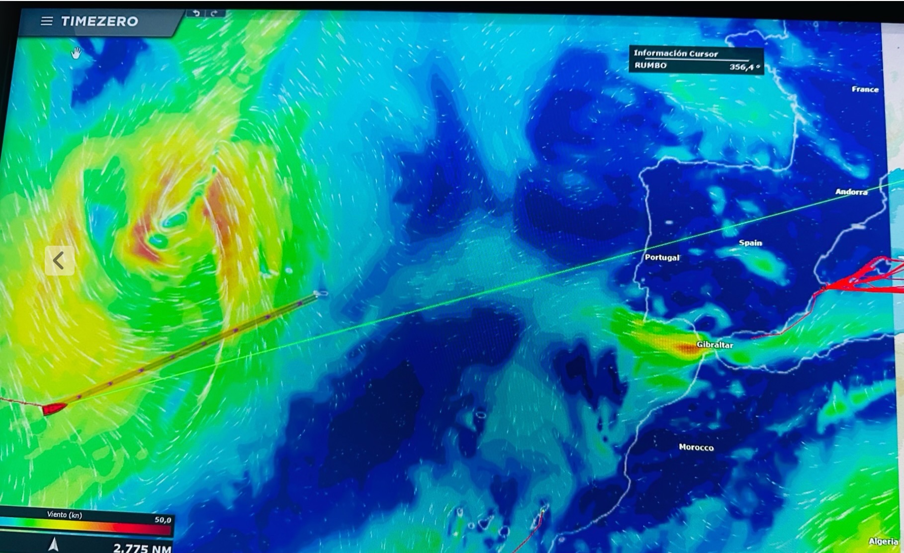 TimeZero weather routing showing an Atlantic yacht delivery route between Europe and the Caribbean with offshore weather analysis.