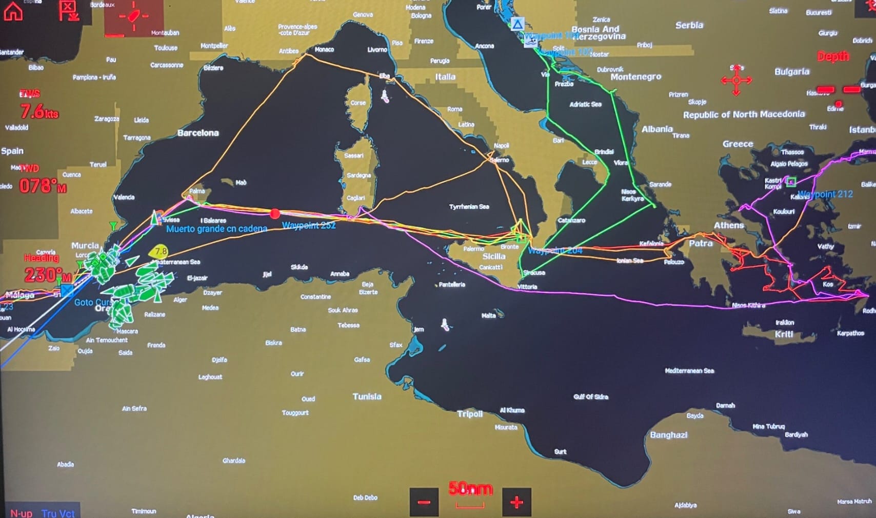 Yacht navigation system showing Mediterranean sailing routes