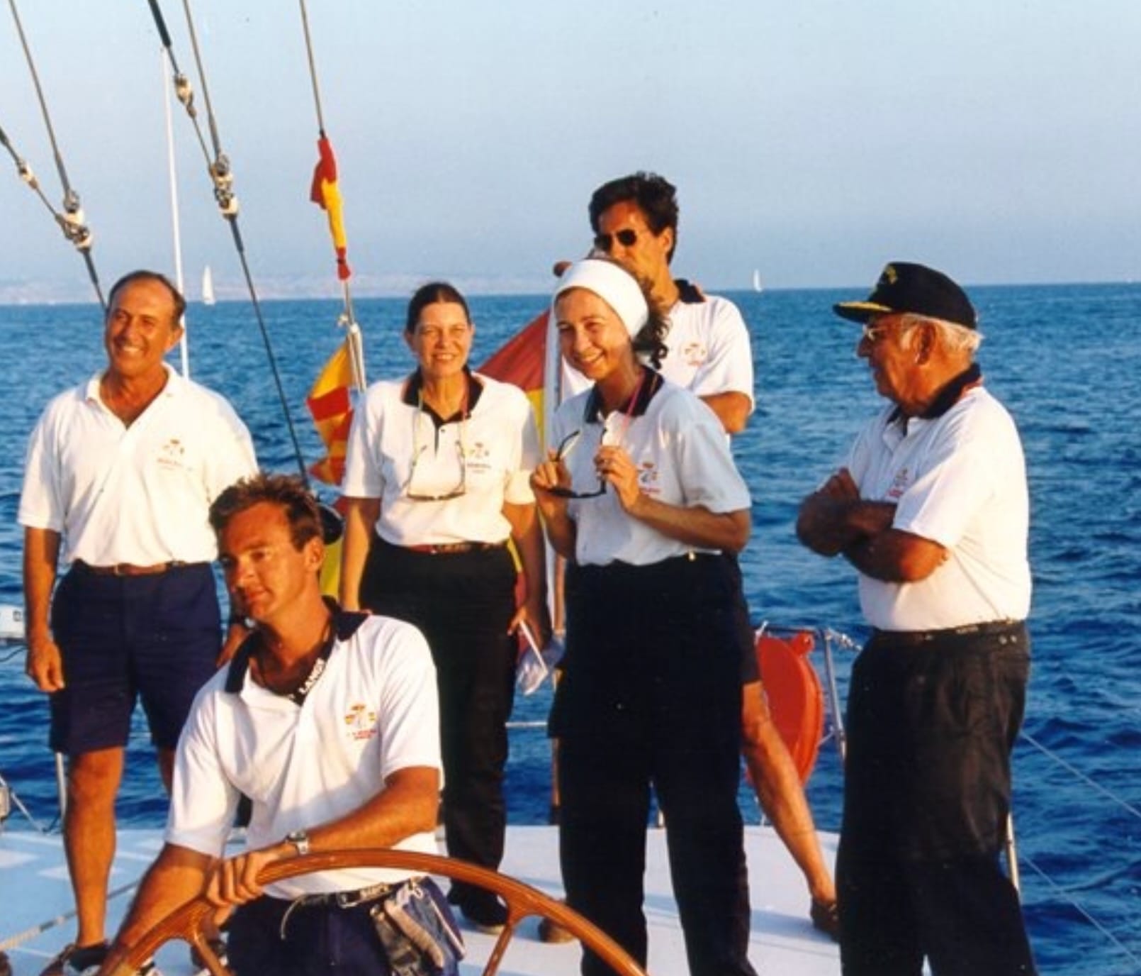 Captain Nacho Lamadrid during the 1995 Copa del Rey in Palma de Mallorca aboard a yacht with members of the Spanish Royal Family.