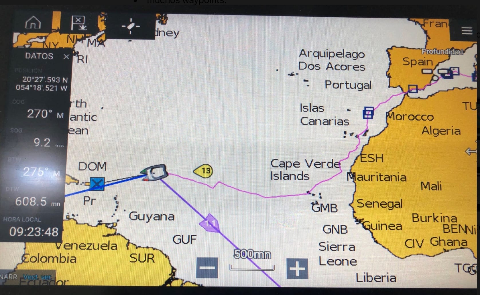 Navigation display showing voyage planning and route monitoring
