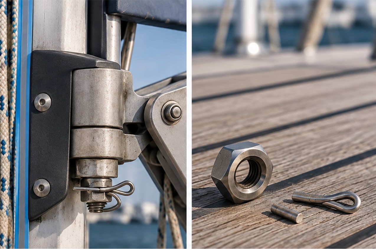 Boom gooseneck fitting with the lower nut and safety split pin